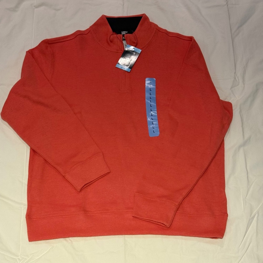Lands End‎ Mens Quarter Zip Pullover Sweater Coral Orange Mock Neck Large NWT